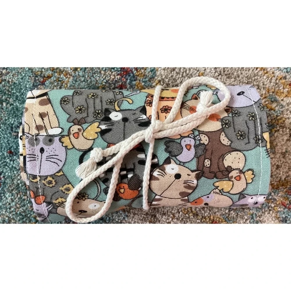 Cat Print Canvas Roll Up Pencil Case‎ Crochet Hook Organizer Teal 72 Slot Pouch